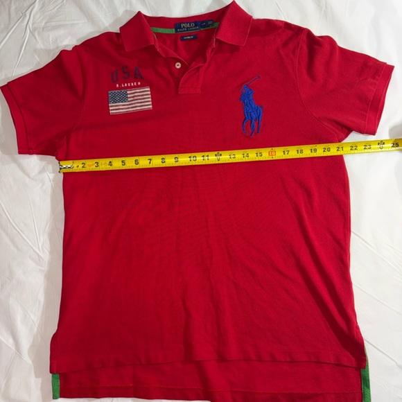 Ralph Lauren Red Polo Shirt with large Blue Logo American flag - Picture 7 of 8
